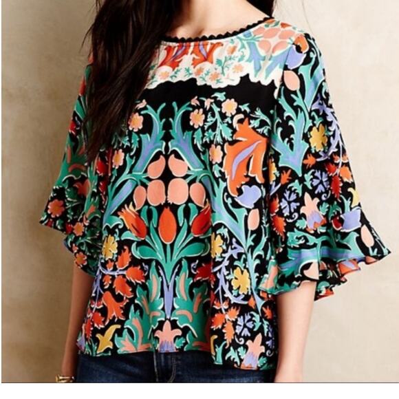 Maeve Folkart Kimono Silk Blouse Keyhole Back Bell Sleeves Sheer Womens Size 0 - Picture 3 of 13